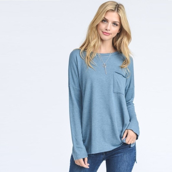 Tops - LAST Blue French Terry Long Sleeve Pocket Top
